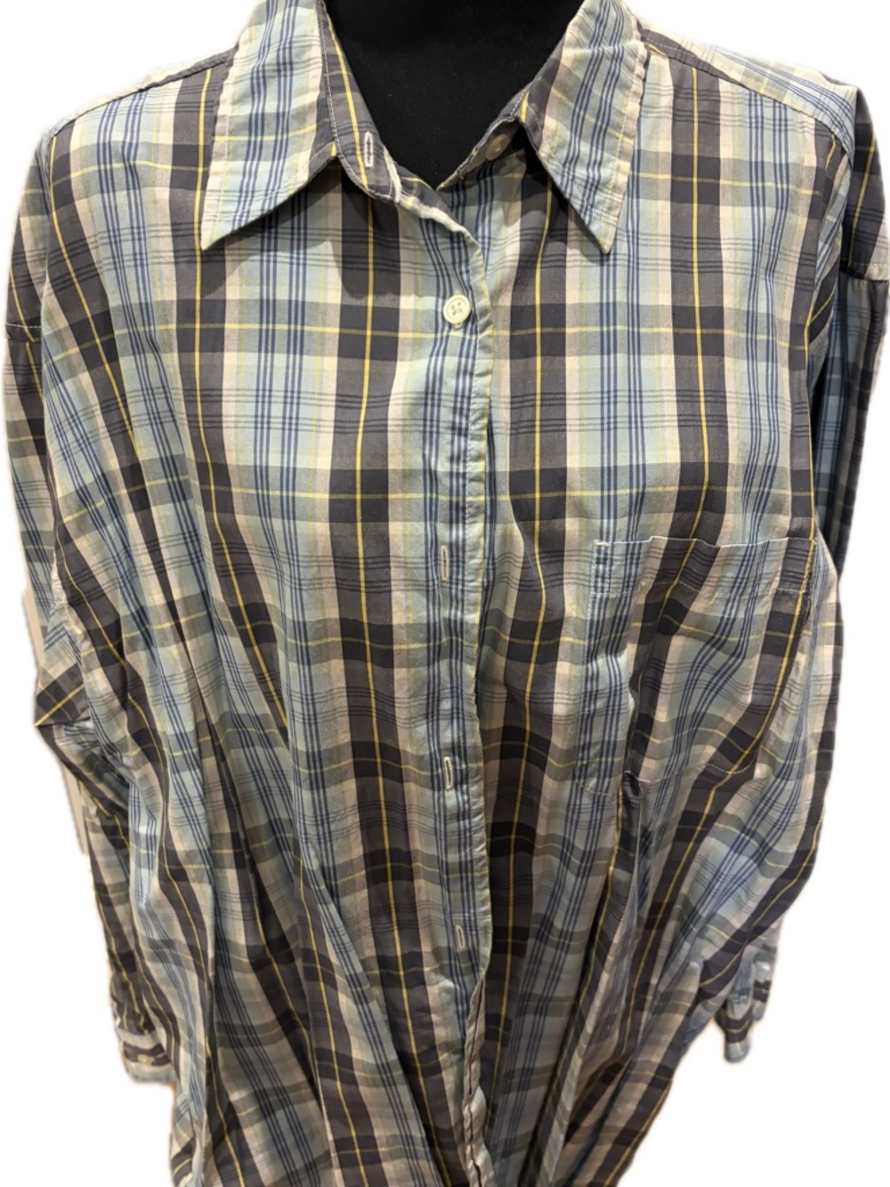 Eddie Bauer Plaid Button-Down Shirt in Blue, Gray, and Yellow